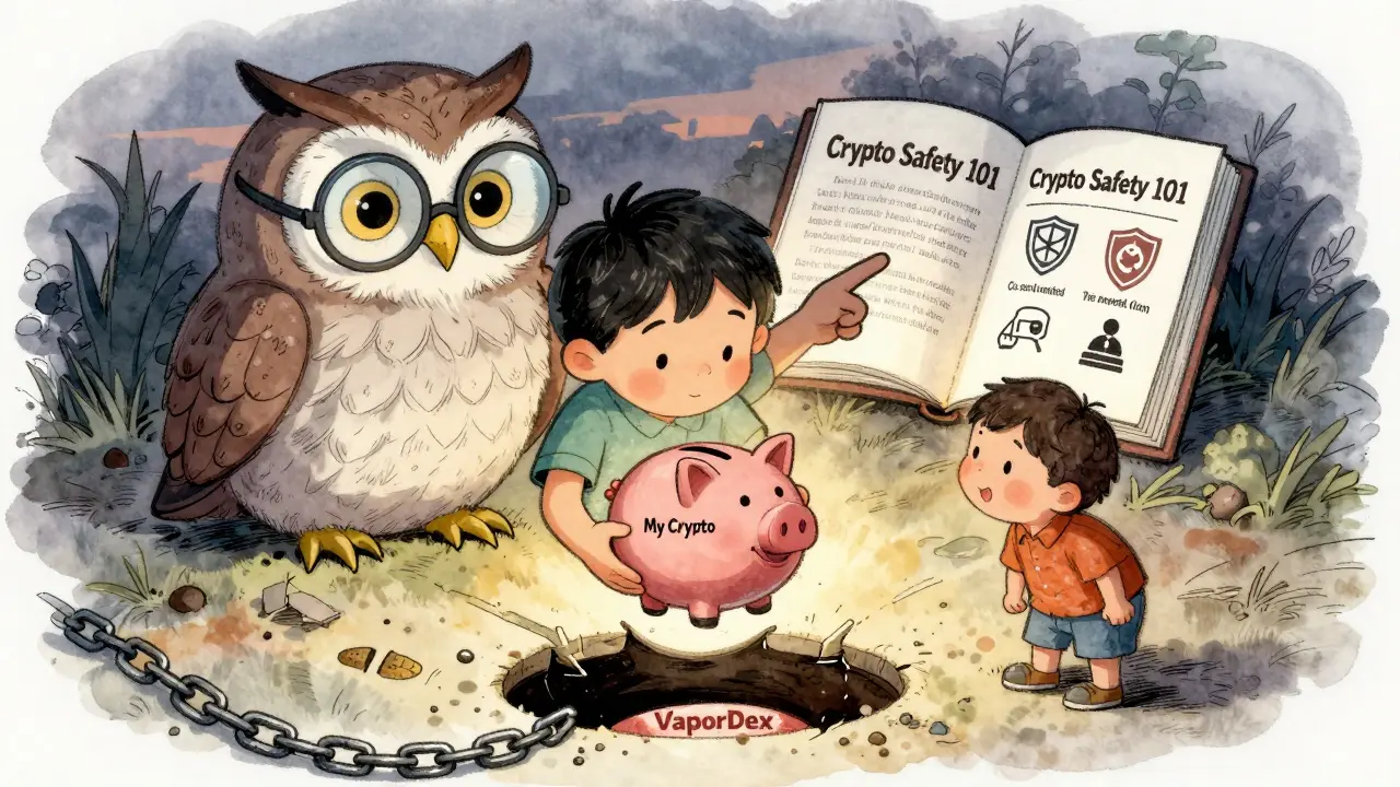 A child drops a piggy bank into a smiling mouth labeled VaporDex, while an owl points to a safety book.