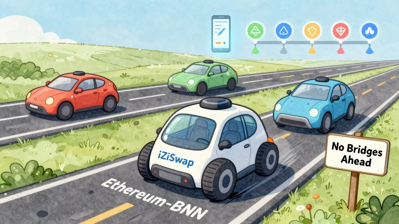 A clunky self-driving car labeled iZiSwap stalls on a road with no bridges, while competitors drive smoothly ahead.