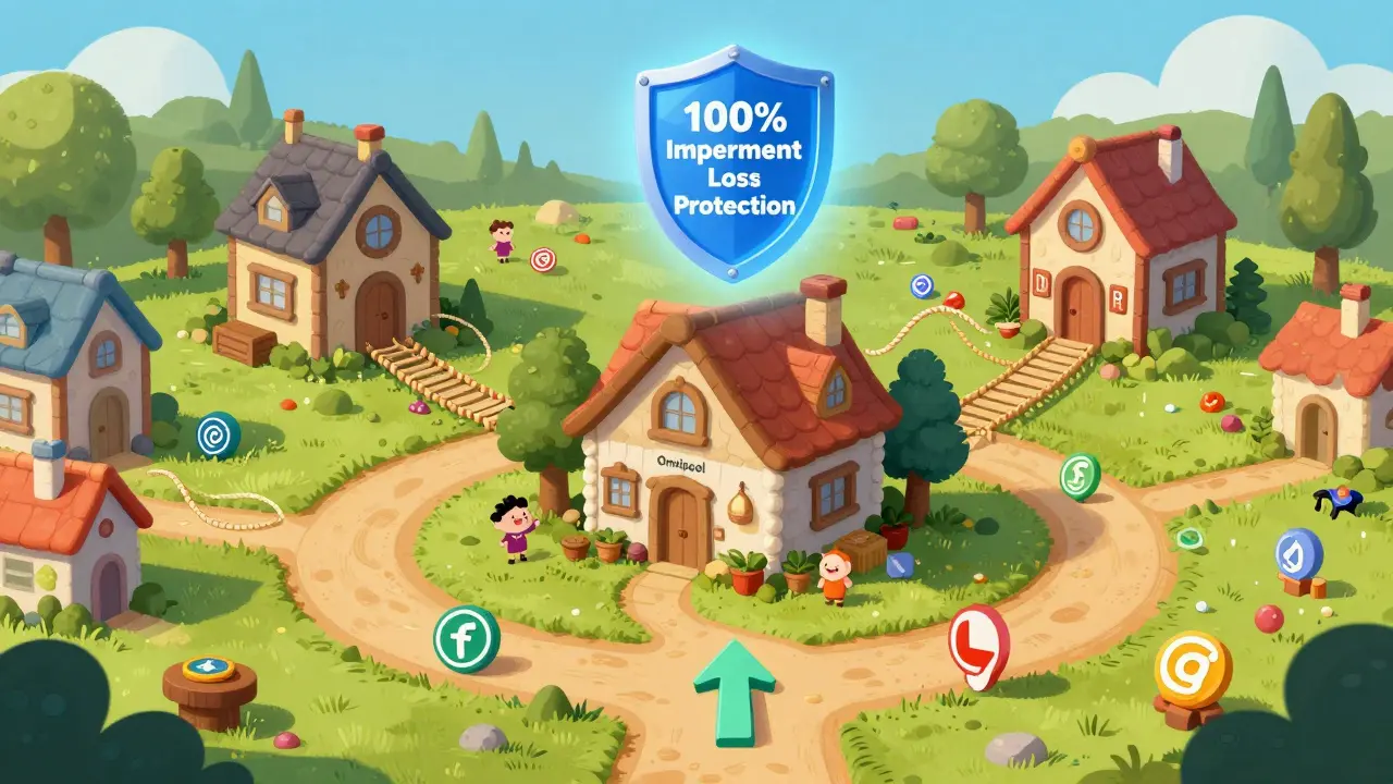 A cozy Omnipool cottage at the center of a token village, with smooth one-step trades and a protective shield against losses.