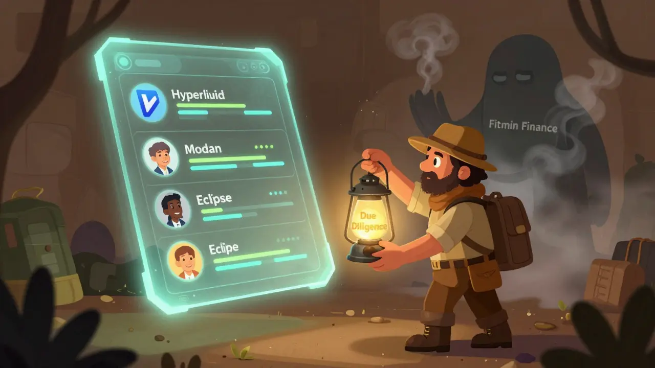 A crypto explorer examining a glowing blockchain ledger showing verified projects, while a faceless scam entity fades into smoke.