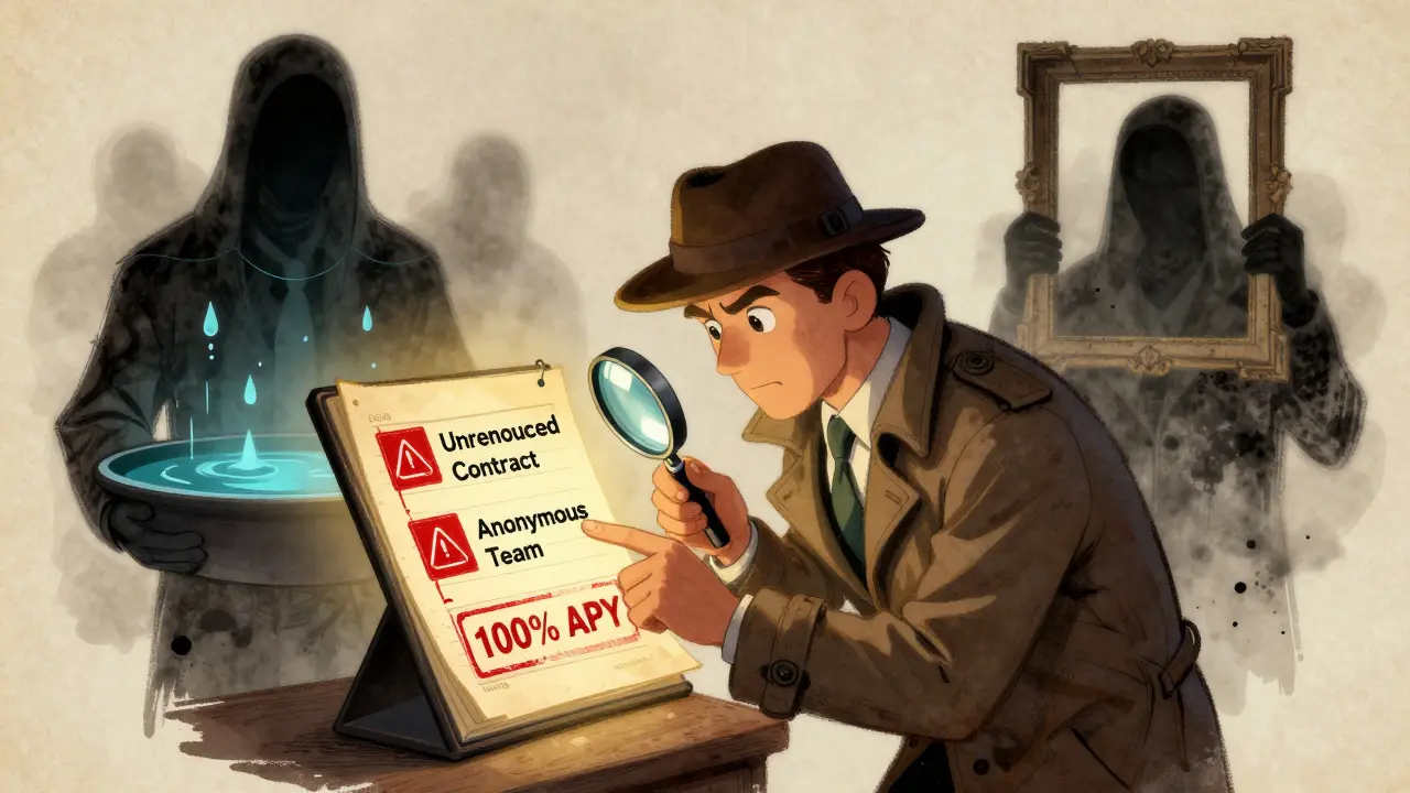 A detective examines blockchain red flags while shadowy scam figures fade into mist under dramatic lighting.