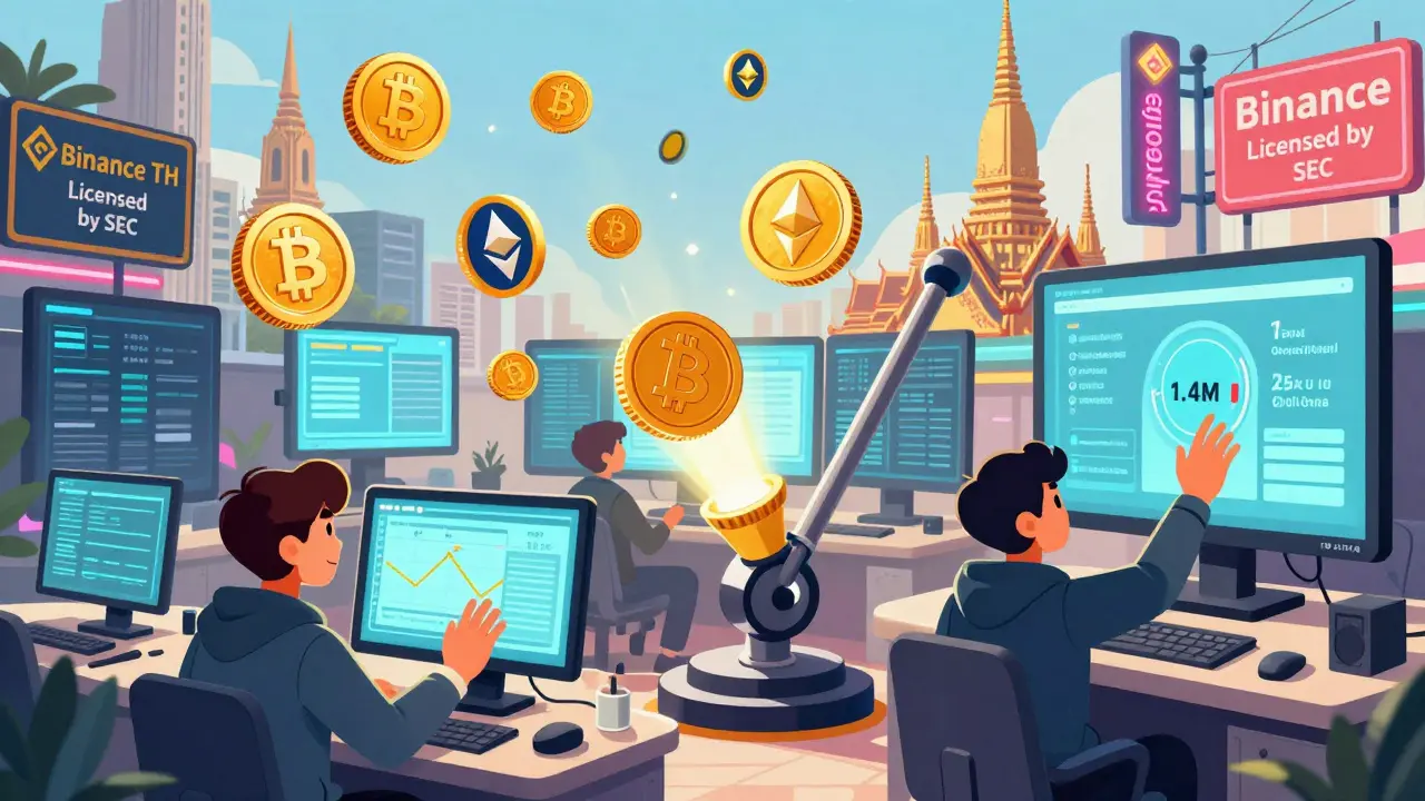 A digital trading floor in Bangkok with animated crypto coins and a trader controlling leverage and high-speed trading engine.