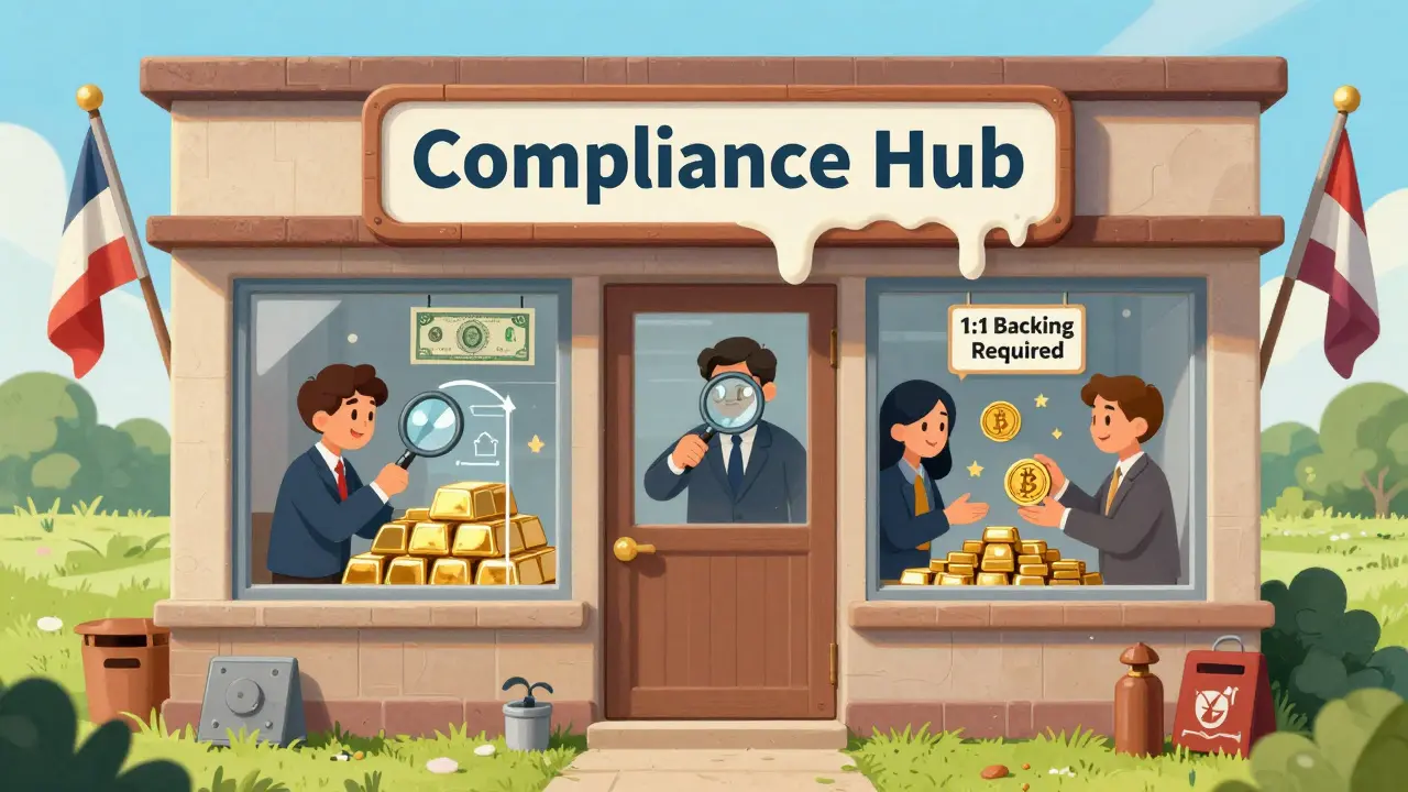 A friendly compliance building with transparent vaults holding gold and bonds, showing 1:1 reserve requirements.