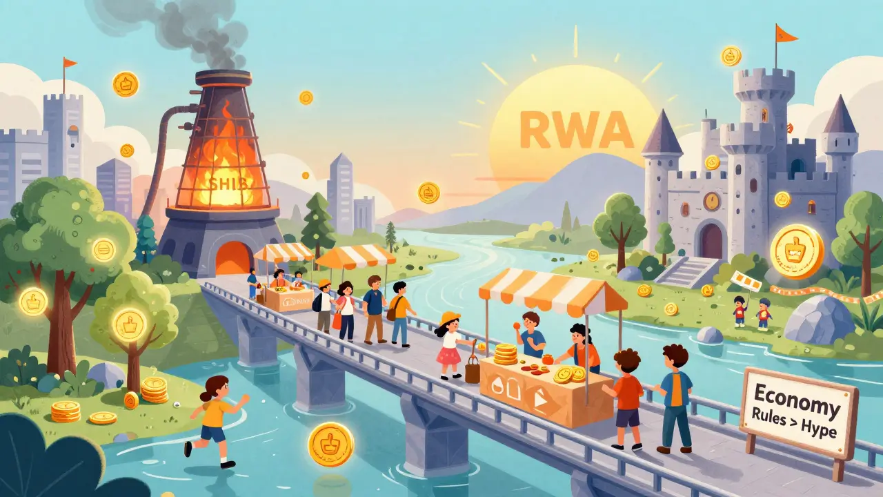 A futuristic blockchain town where citizens stake tokens and vote, a furnace burns excess coins, and a golden sun of real-world assets rises above children playing with economic symbols.