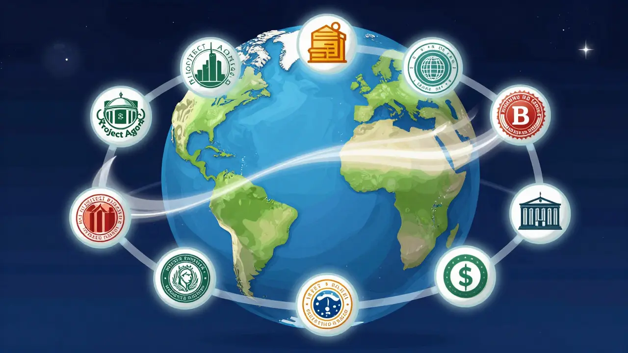 A globe with interconnected nodes from 12 central banks in Project Agorá.