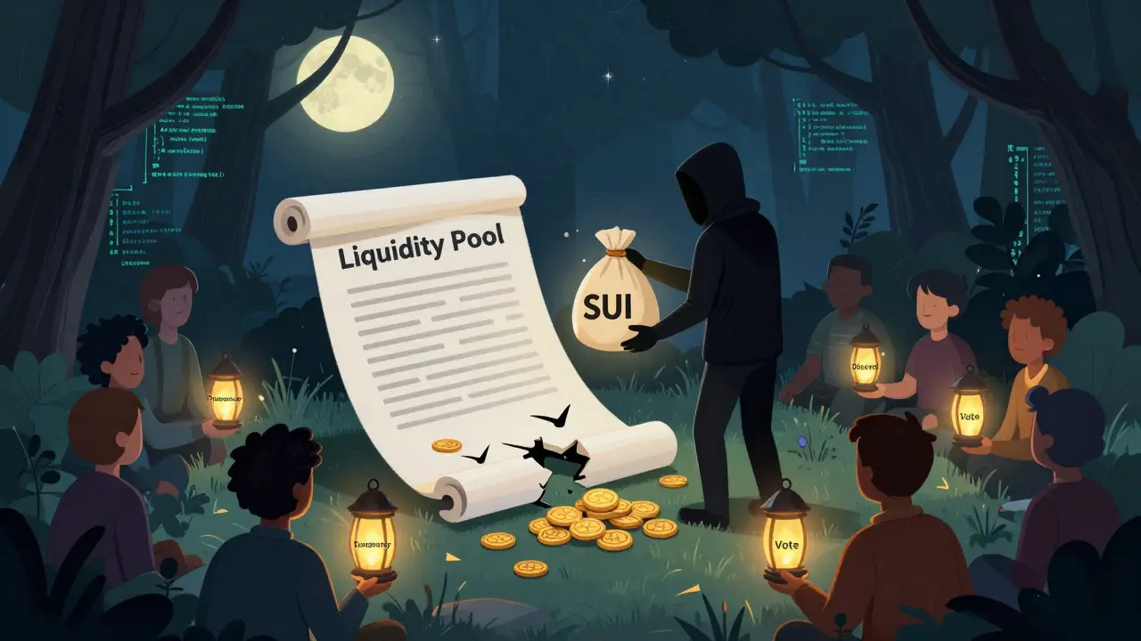 A hacker returns stolen crypto coins to a group of anonymous community members holding lanterns labeled with core values.