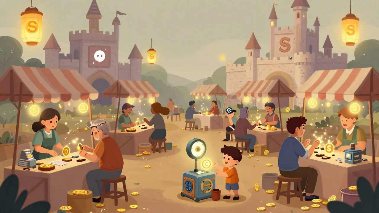 A lively marketplace on Polygon where traders swap tokens using wallet icons, a child automates weekly ETH purchases with a clockwork device.