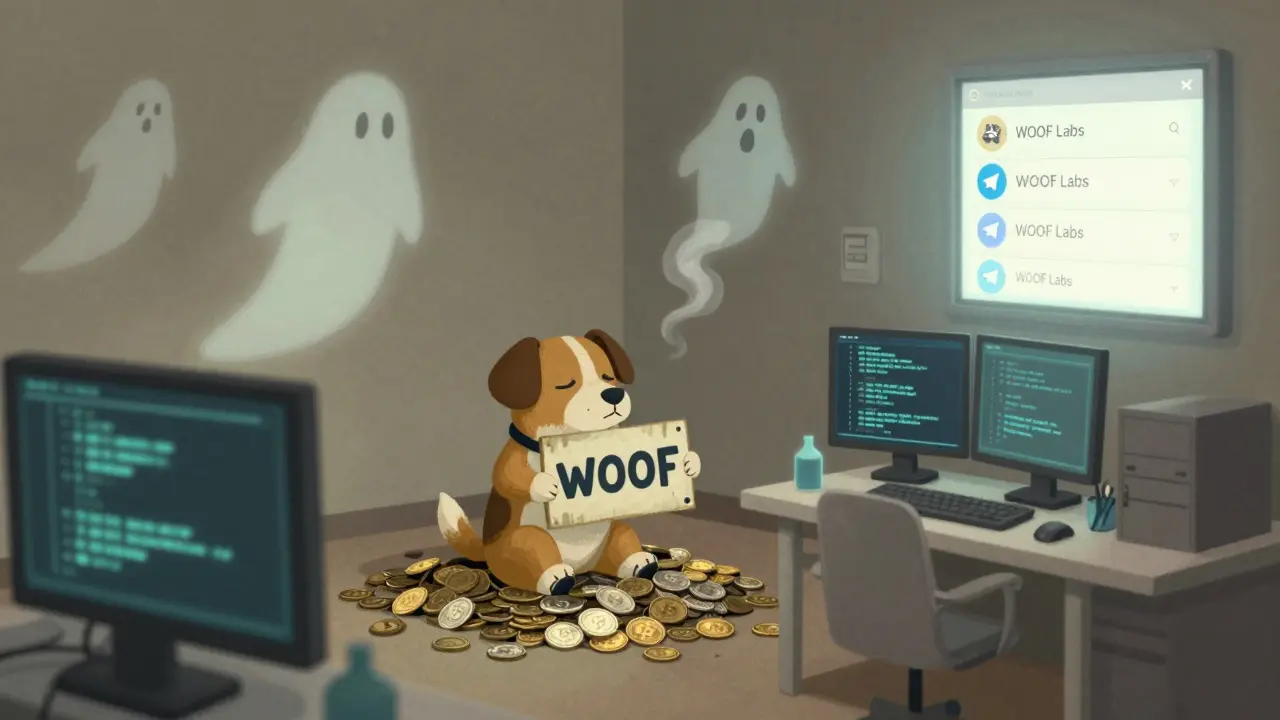 A lonely dog surrounded by discarded tokens, with a glowing WOOF Labs lab in the foreground and ghostly investors fading away.