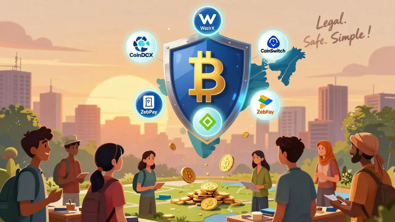 A magical crypto shield hovers over India, raining digital coins to diverse users.