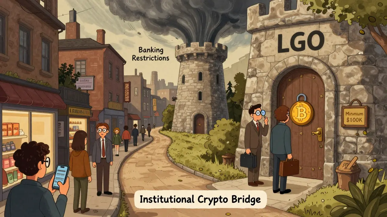 A narrow path leads to a quiet tower labeled LGO, while a storm cloud of banking restrictions looms above.