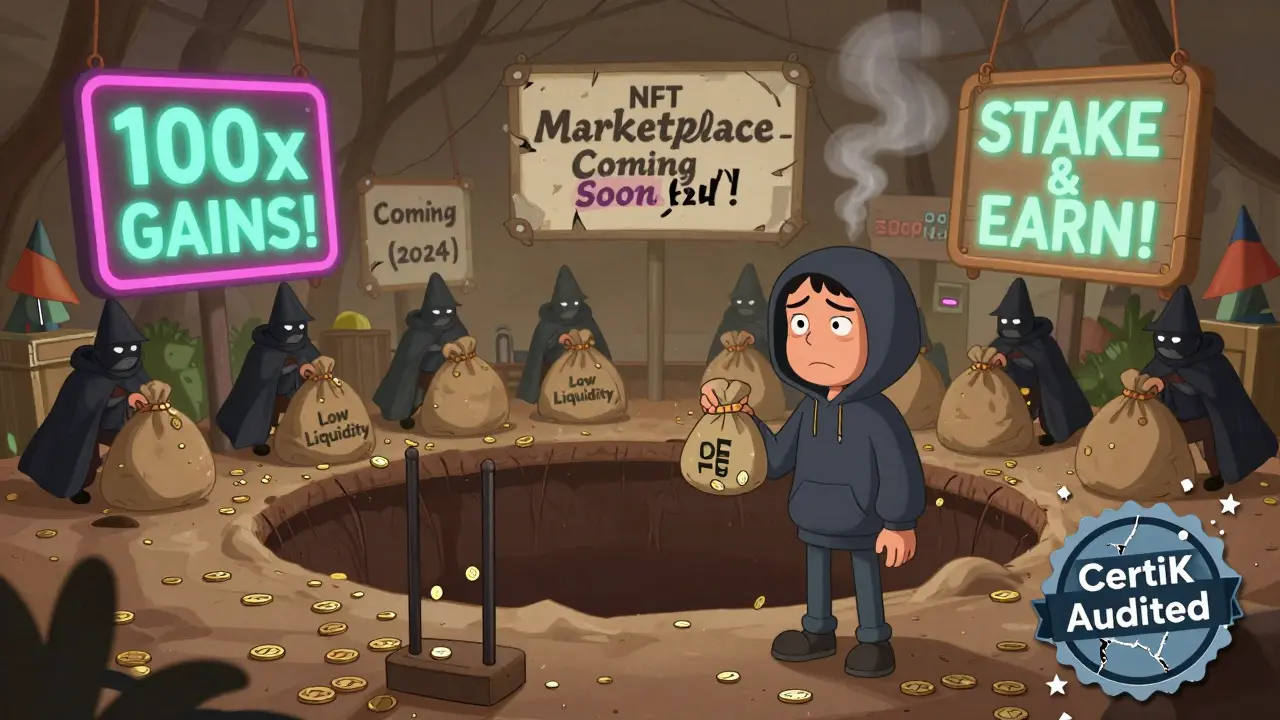 A nervous crypto newbie in a marketplace surrounded by misleading signs and whales dumping tokens.