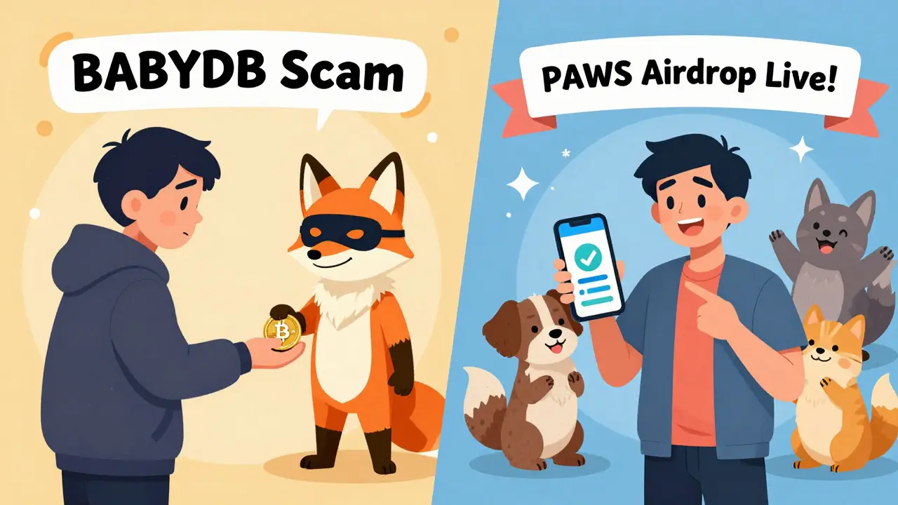 A person chooses between a scam fox and a verified app, symbolizing real vs. fake crypto airdrops.