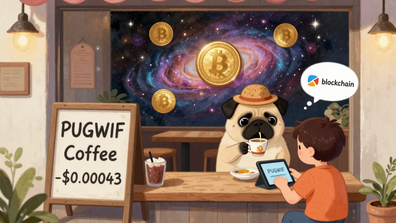 A pug drinks coffee at a café in Wellington while a child trades PUGWIF tokens on a tablet, surrounded by educational memes.