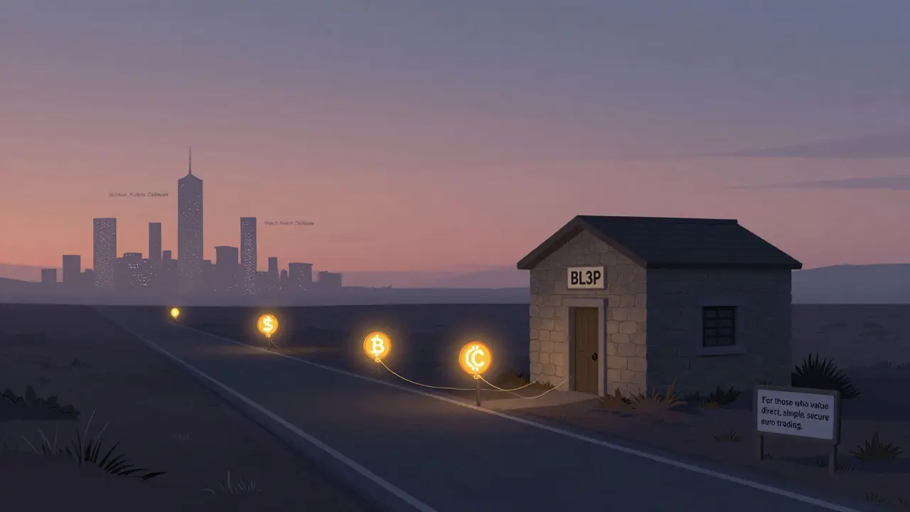 A quiet road leads to a simple BL3P building with four crypto lanterns, while flashy exchanges fade into the fog.