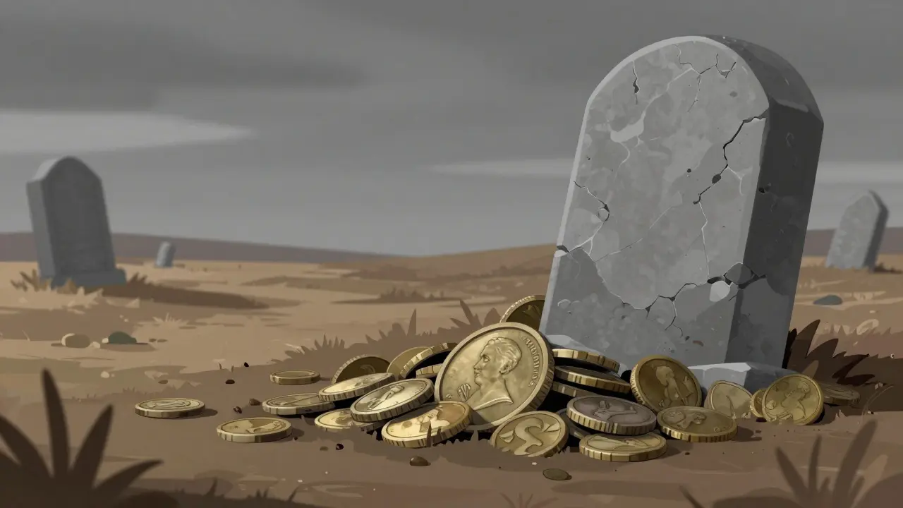 A single coin buried under forgotten tokens in a desolate graveyard.