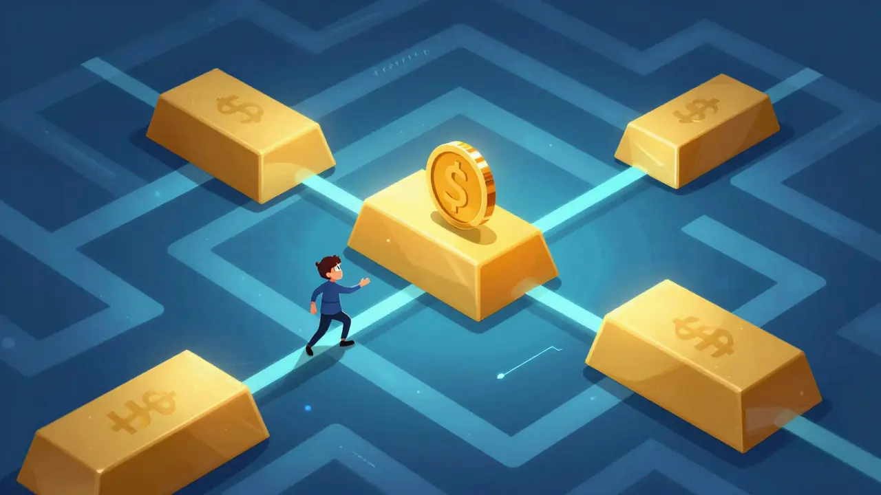 A small figure struggling to move a coin through heavy gold bars in a digital maze.