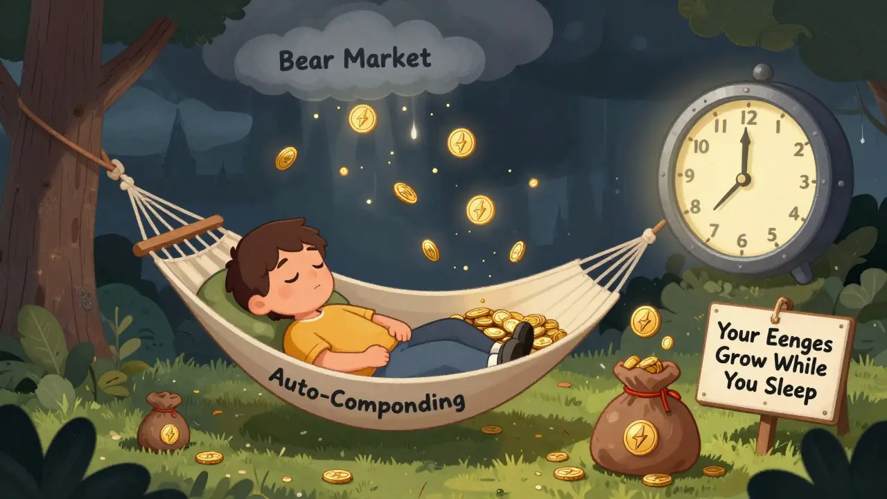 A staker sleeps peacefully as tiny coins multiply above them, symbolizing auto-compounding rewards over time.