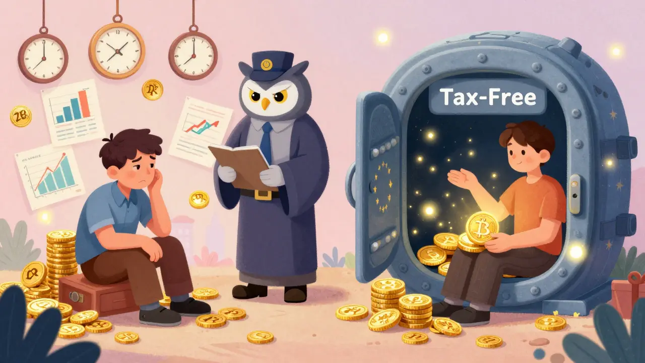 A trader pays 28% tax on short-term crypto gains while another enjoys tax-free long-term holding with glowing rewards.