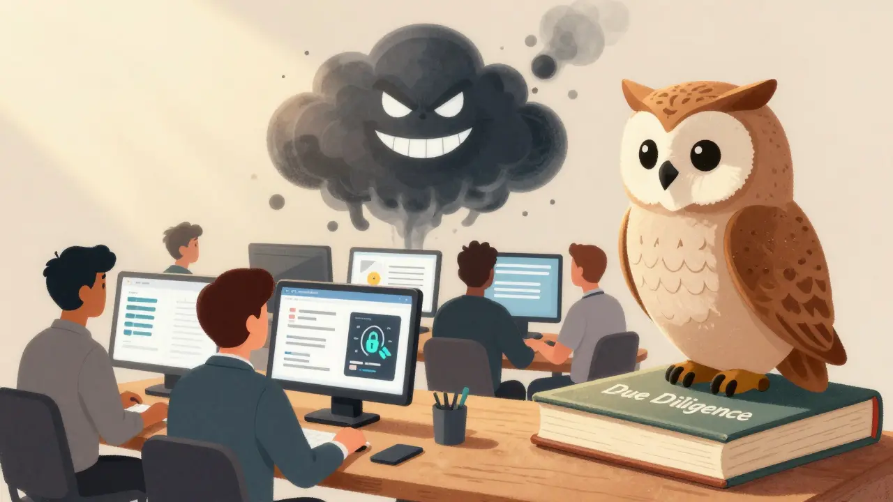 A wise owl watches investors verifying crypto projects with audit reports and liquidity timers.