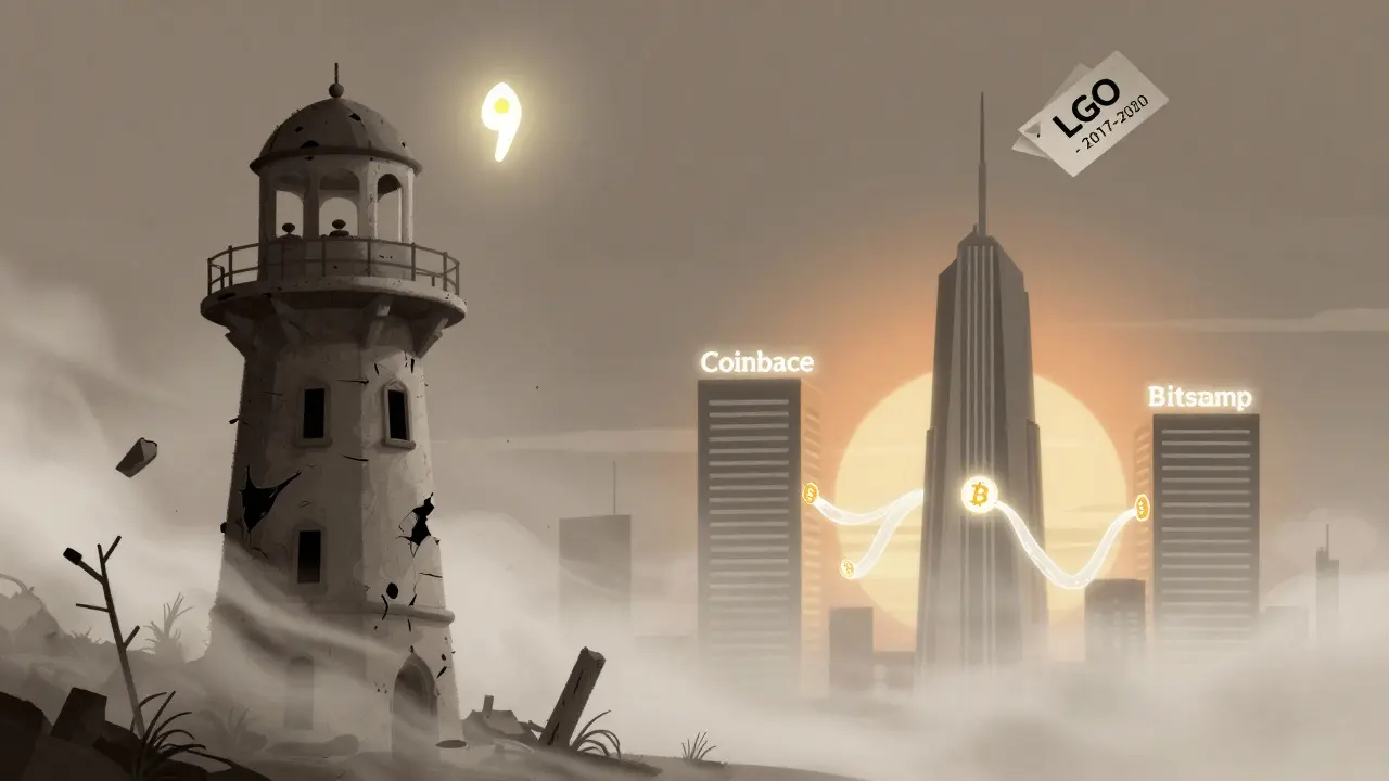 An abandoned LGO tower crumbles into mist as three modern crypto platforms glow brightly in the distance.