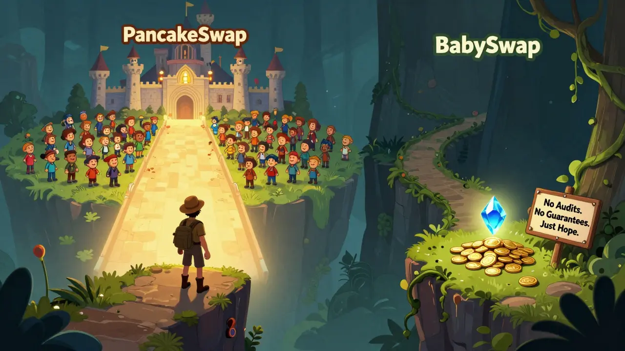 An adventurer chooses between a safe, busy path and a risky, overgrown trail labeled BabySwap.