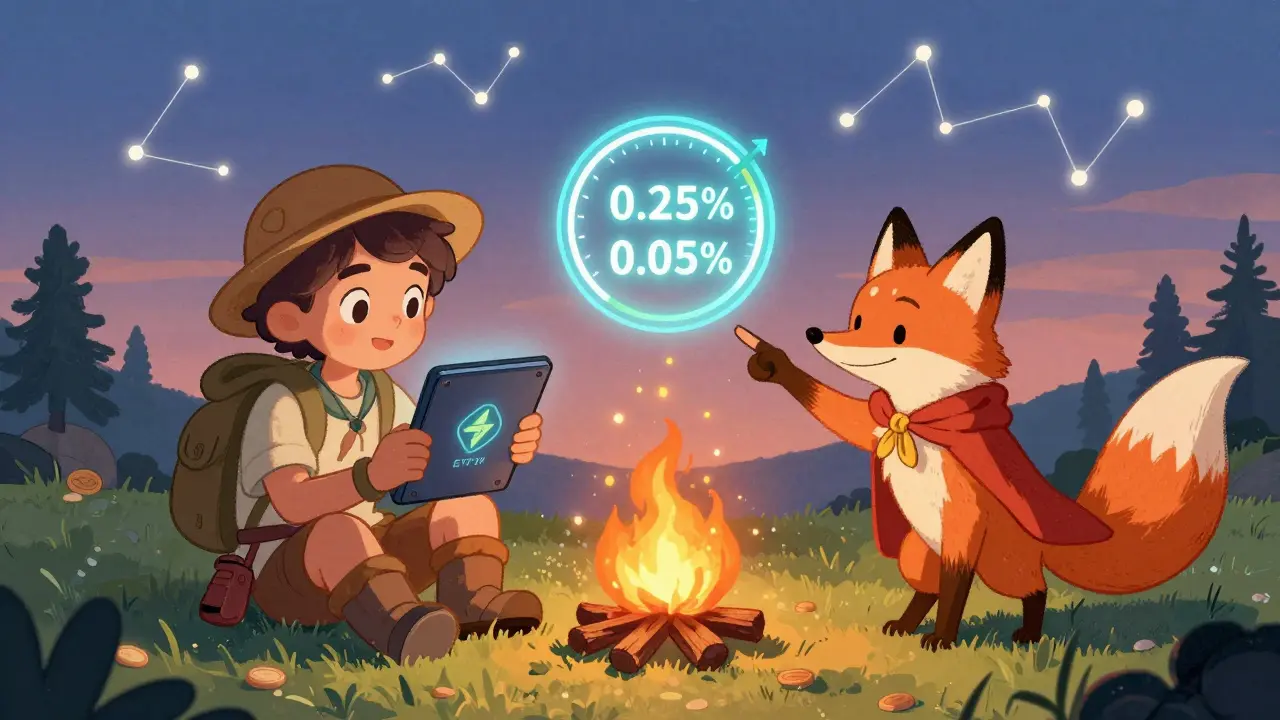An adventurer sets a limit order on a magical tablet as a fox explains fee splits, with bonus SUSHI sparks rising from a glowing bonfire.