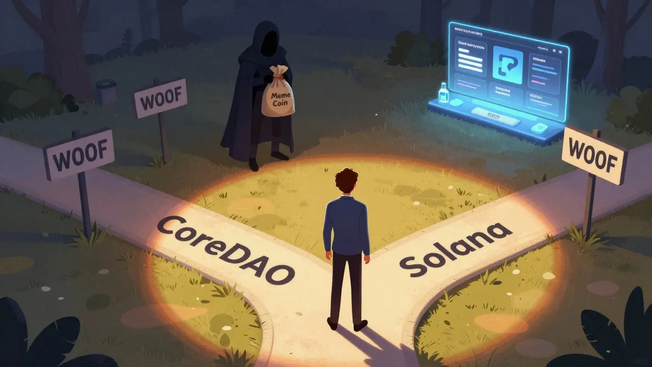 An investor at a crossroads with misleading WOOF signs, where one path leads to a functional crypto ecosystem under warm light.