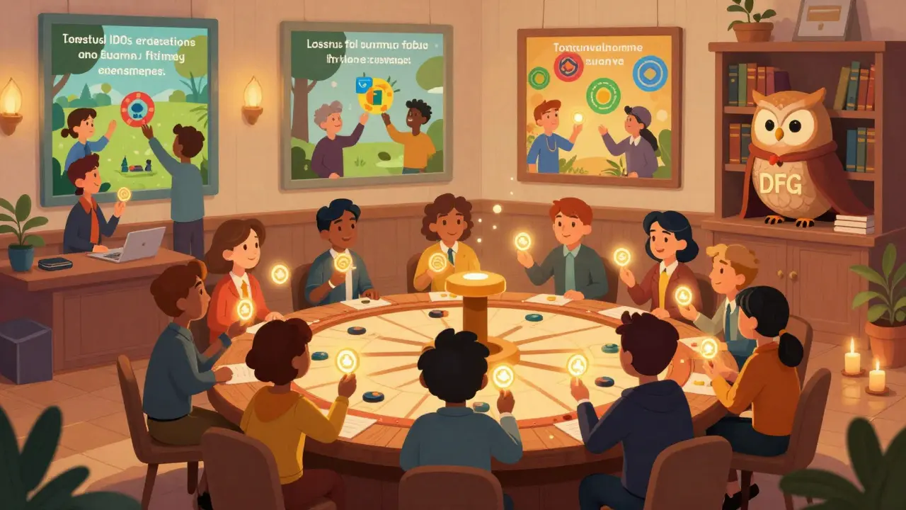 Community members voting on a giant wheel to choose the next crypto project, with a wise owl watching.