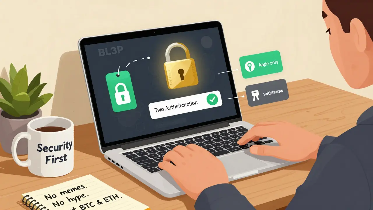 Hands setting up two-factor authentication and API security on a BL3P screen, with lock and key icons floating nearby.