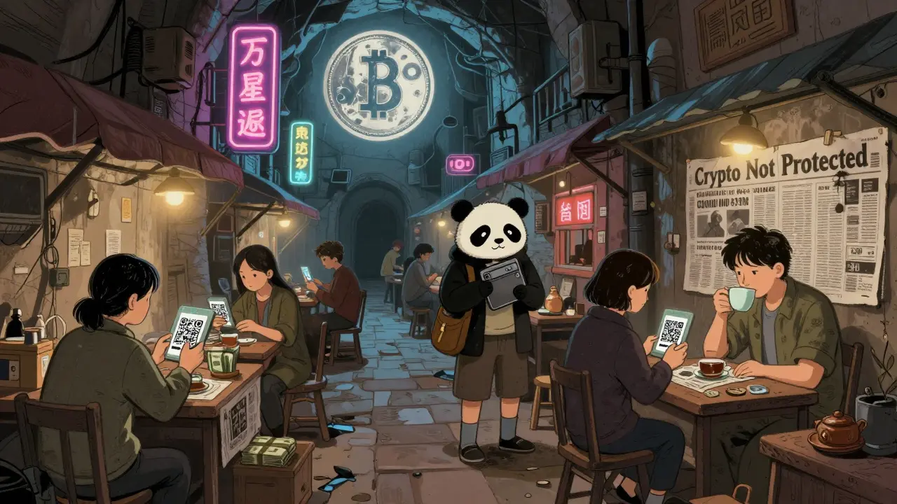 Hidden traders exchange cash for crypto in an alley as a giant digital yuan coin casts light over a secretive market.