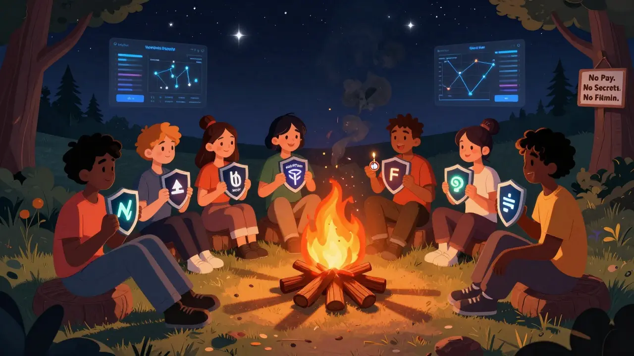 Newcomers around a campfire with real tokens glowing safely, while a fake FTM token bursts into black smoke.