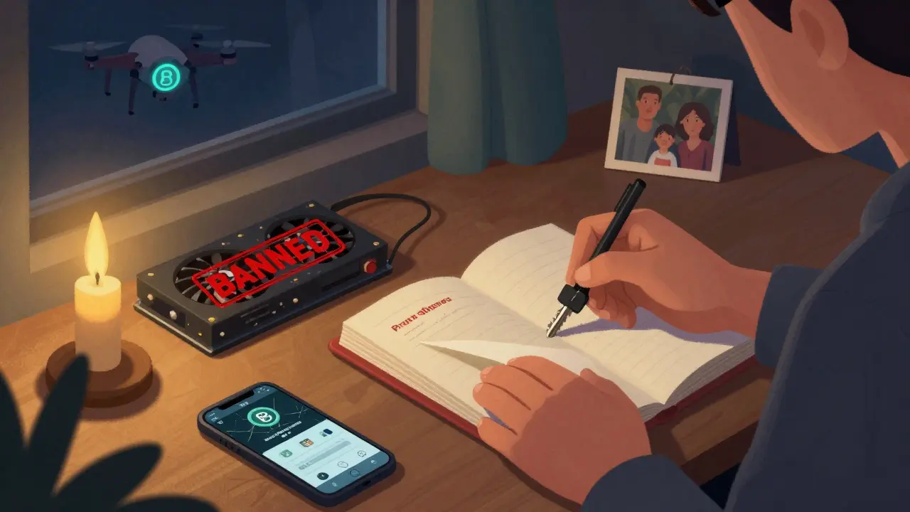 Someone writes private keys on paper inside a hollowed book, while a banned GPU and drone loom in the background.