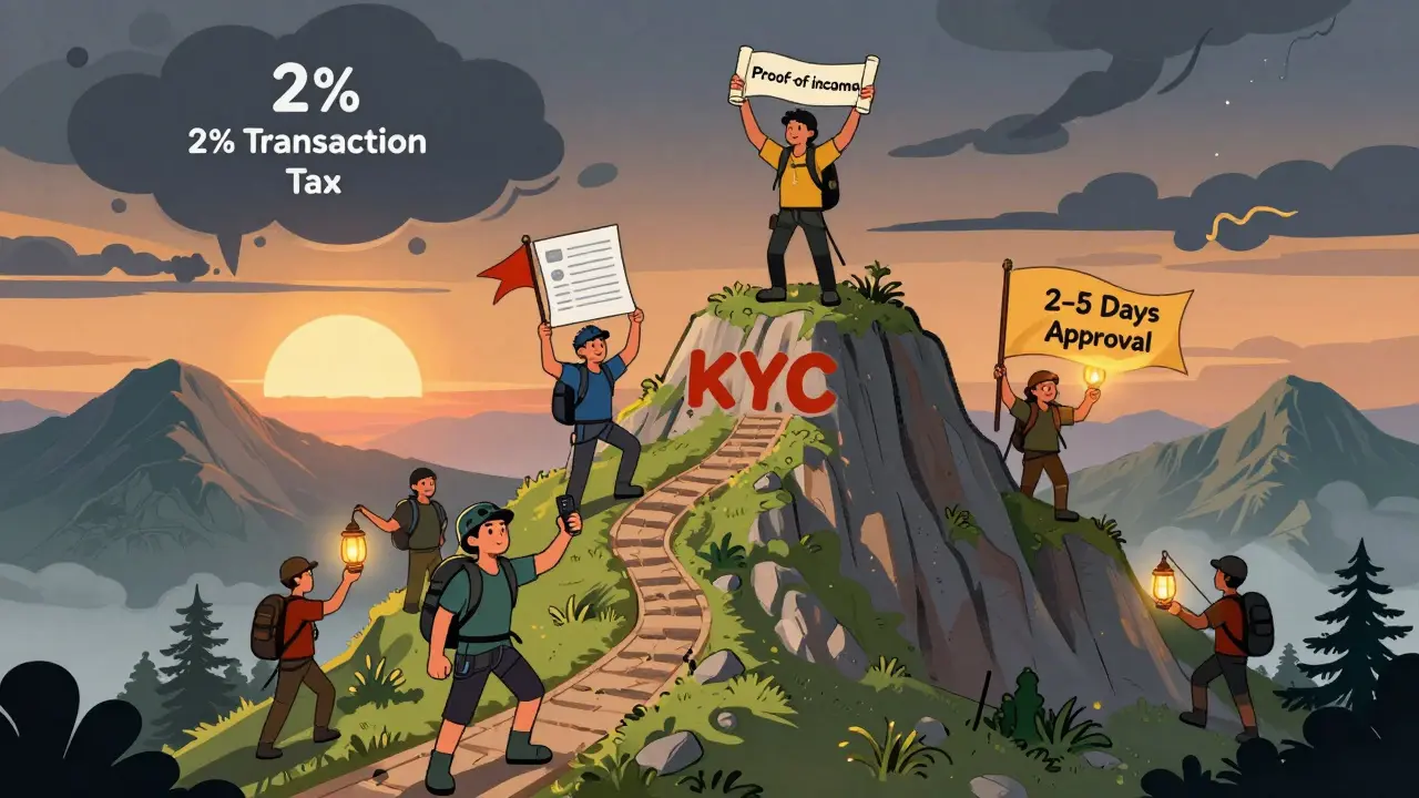 Three traders ascending a KYC mountain trail toward a peak with proof of income, while a tax cloud looms and a future app shines above.