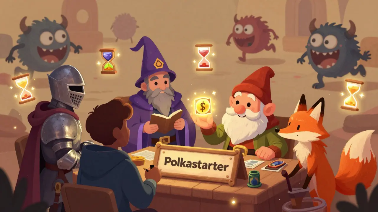 Users from different blockchains trading tokens at a friendly stall run by a Polkastarter gnome.