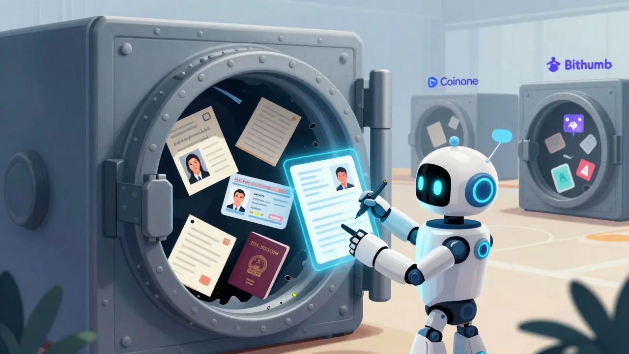 A broken digital KYC vault filled with fake IDs, being repaired by an AI robot replacing them with secure holographic verifications.