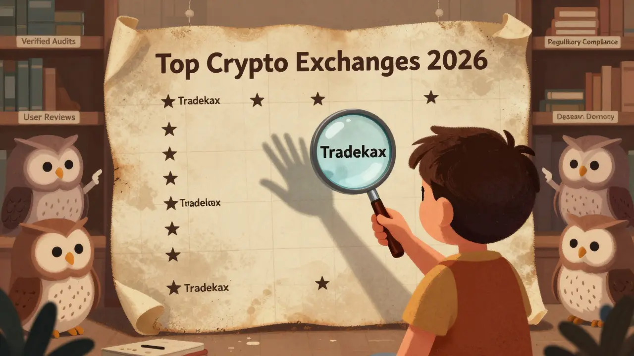 A child examines a map where Tradekax is a blank space, as wise owls point to empty shelves of verified trust markers.