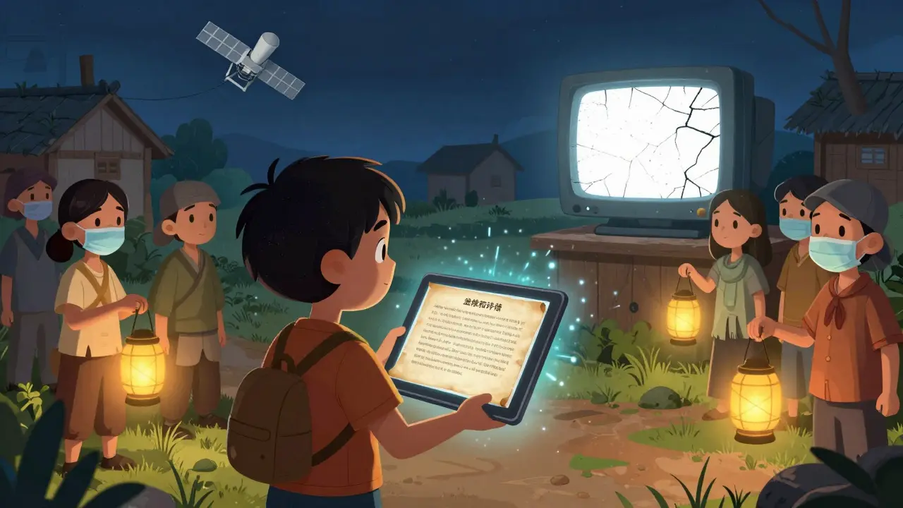 A child in a village shows a blockchain post to others as a satellite blinks above and a government monitor displays only static.