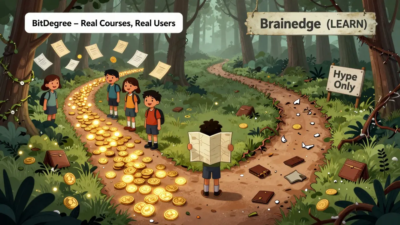 A child stands at a fork in the road—one path leads to real education, the other to overgrown tokens and empty hype.