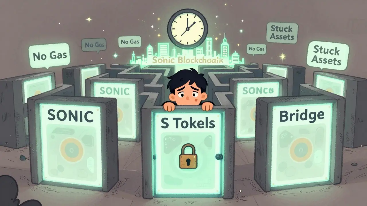 A confused user is trapped in a looping maze of blockchain gates labeled SONIC and S Tokens, with error messages blocking the path.