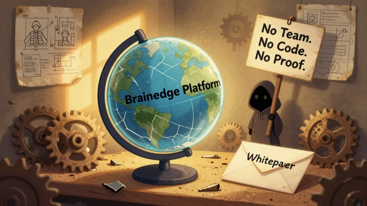 A cracked globe labeled 'Brainedge Platform' sits on a shelf with broken blueprints and an unopened whitepaper.