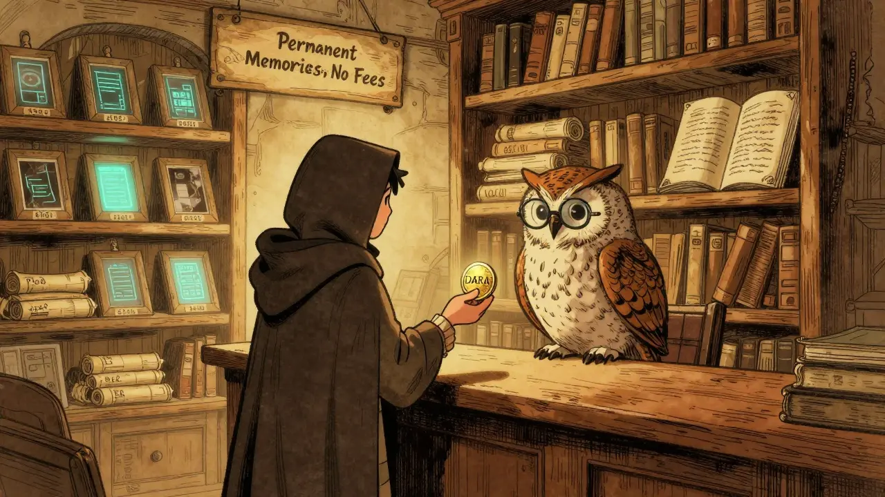 A figure trades a DARA coin to an owl librarian in a hidden library filled with glowing digital scrolls.