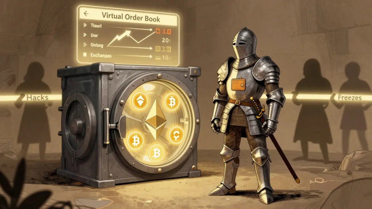 A knight defends a non-custodial vault while a virtual order book connects exchanges in the sky.