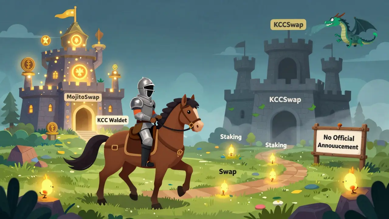A knight on a KCC wallet horse rides toward an empty KCCSwap castle, while a glowing MojitoSwap castle rains tokens behind him.