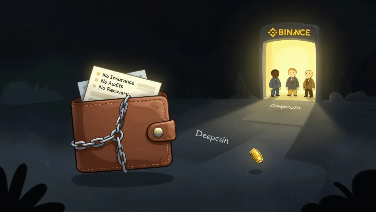 A lone wallet floats in darkness bound by chains labeled 'No Insurance' and 'No Recovery', with a distant glowing alternative in storybook style.