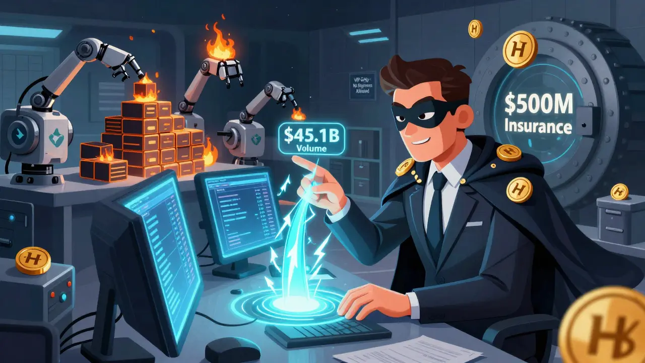 A masked high-frequency trader channeling massive trade volumes into a vault marked 0M Insurance, surrounded by glowing HT tokens and VIP-only signage.