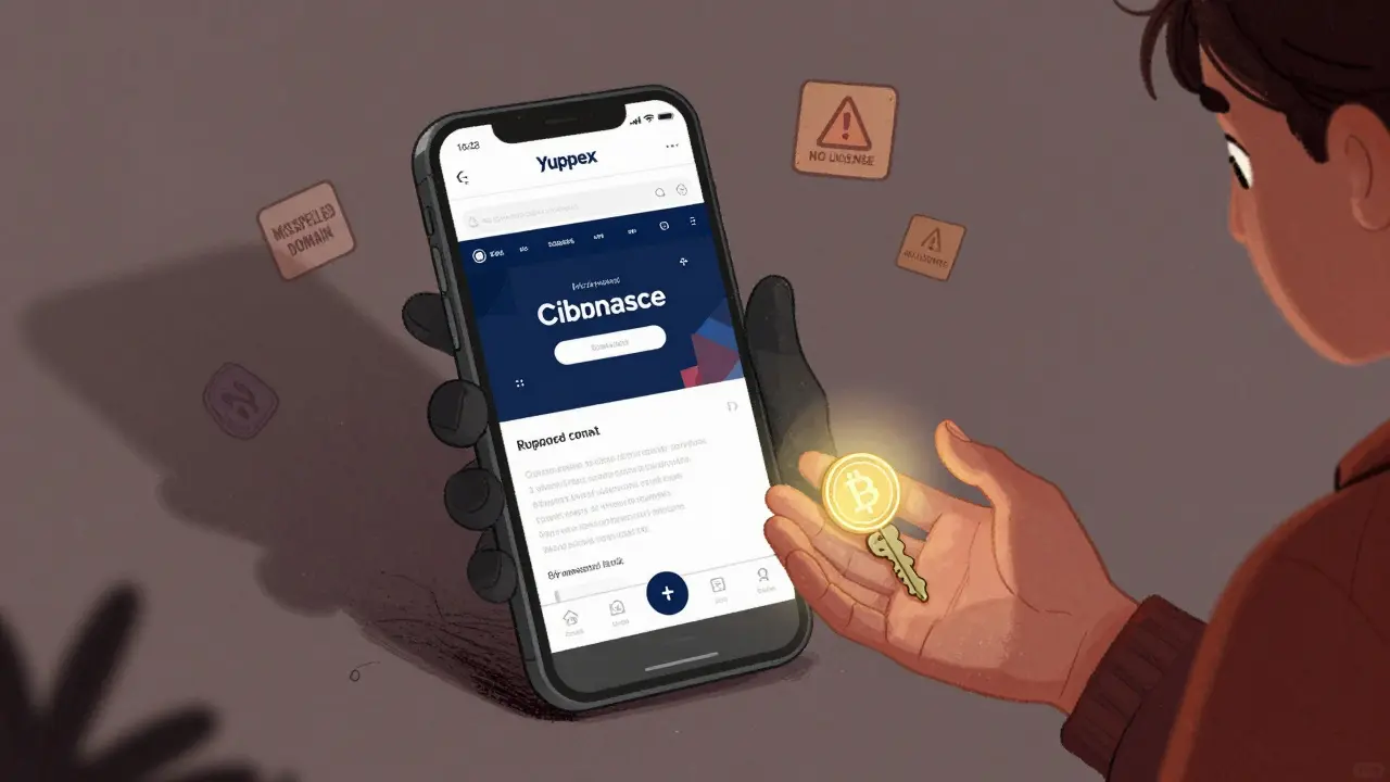 A phone screen stealing a crypto key while mimicking a legitimate exchange's design.
