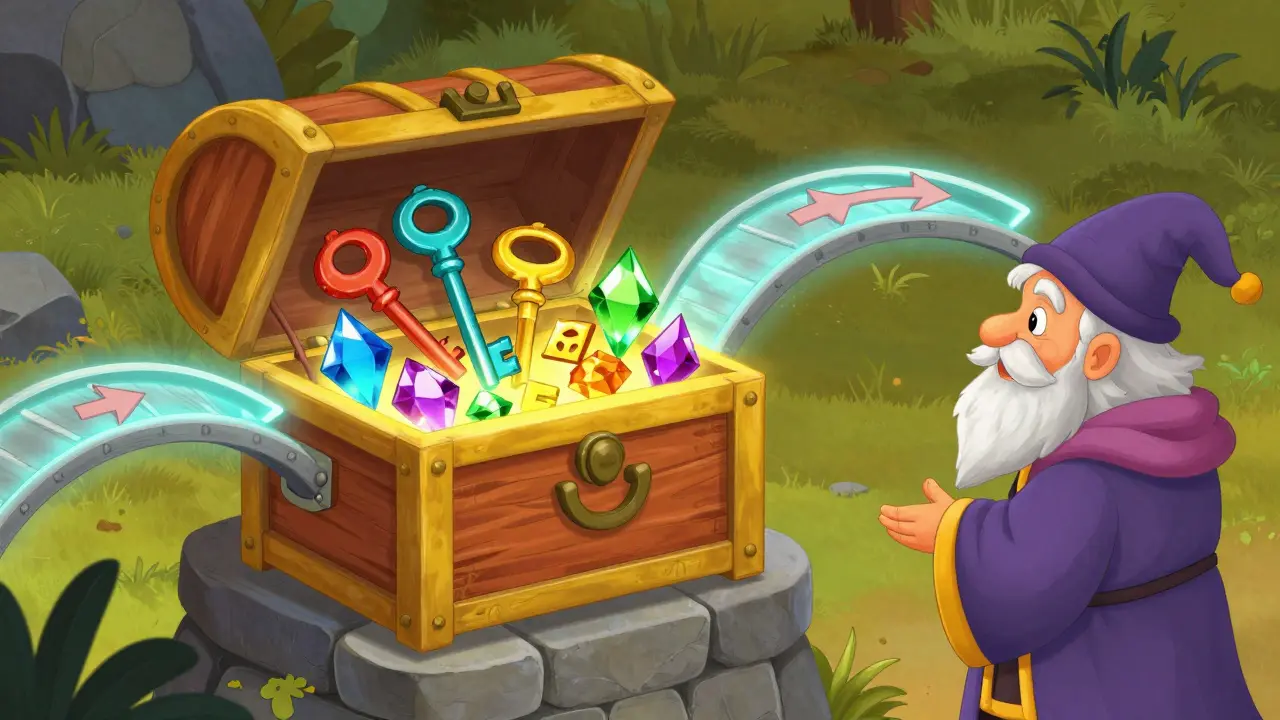 A secure glowing vault holding colorful gems guarded by a mystical figure.