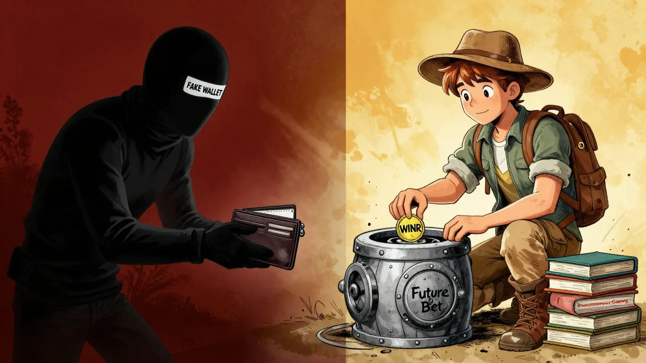 A split scene contrasts a scammer with a brave explorer placing a WINR token into a vault labeled 'Future Bet'.