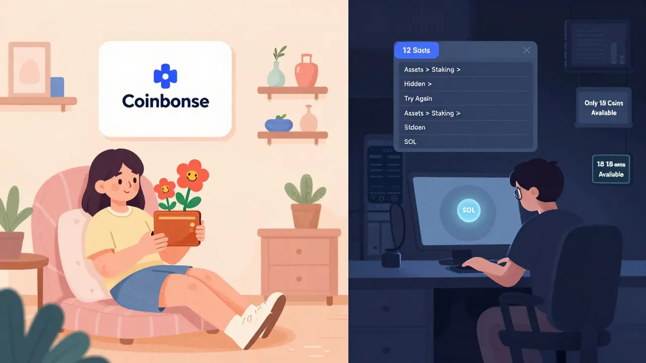A split scene: one side shows easy staking on Coinbase with happy flowers, the other shows a user lost in cluttered menus with only one faintly glowing token.