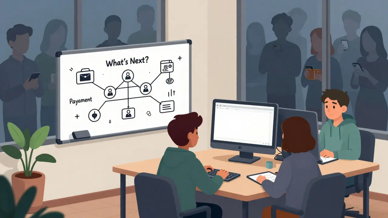 A startup office with a blank roadmap and anonymized team peers at a monitor, while hopeful outsiders wait outside.